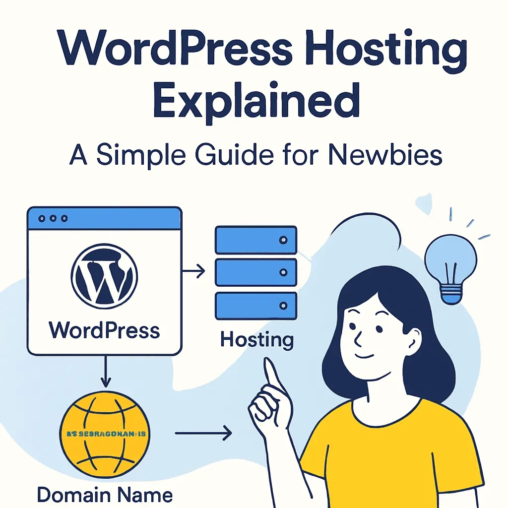 Diagram showing a domain name pointing to WordPress, then to hosting, with a smiling person on the right side.