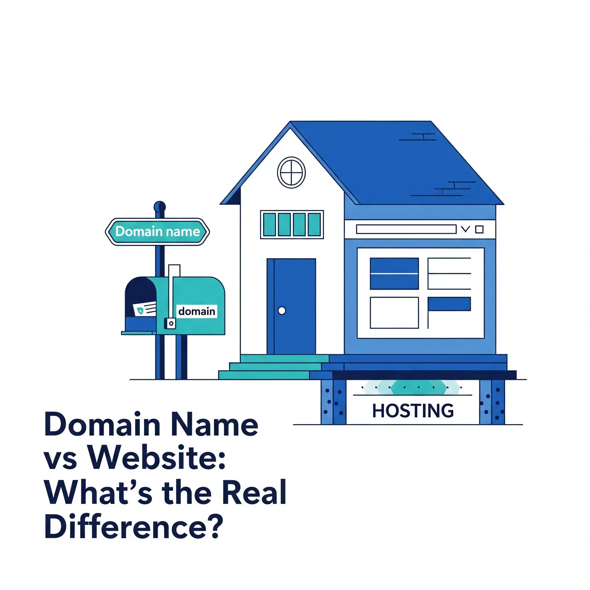 An illustration depicting a house (representing a website) with a street sign and mailbox (representing a domain name), standing on a foundation labeled "HOSTING." The image uses a blue and teal color scheme with the text "Domain Name vs Website: What's the Real Difference?".