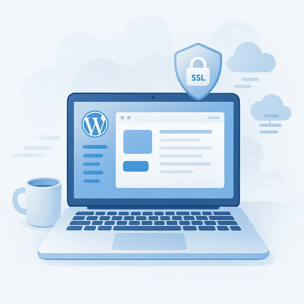 Laptop showing WordPress dashboard for website hosting